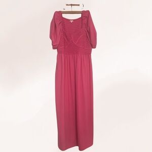 Pink Square Neck Sundress with 3/4 Sleeves for Weddings